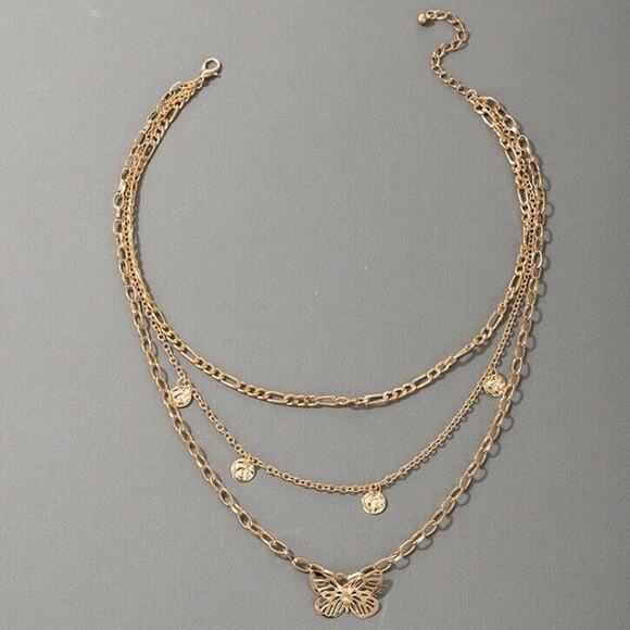 Multilayer Butterfly Charms Chunky 3-Layered Alloy Gold Chain Necklace For Women - Picture 2 of 4